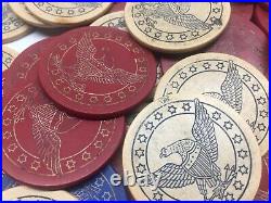 Lot of 150 Antique Clay Poker Chips Eagle & Shield Red White & Blue