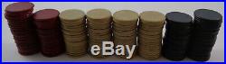 Lot of 179 unmarked antique clay poker chips 1.5 across, red, black & beige