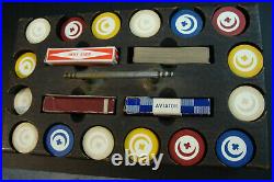 Lot of 390 Antique Clay Poker Chips Crescent Moon & Club with Wooden Case Vintage