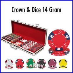 NEW 500 Crown & Dice 14 Gram Clay Poker Chips Black Aluminum Case Set Pick Chips