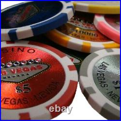 New 500 Las Vegas 14g Clay Poker Chips Set with Black Aluminum Case Pick Chips