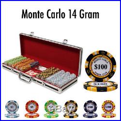 New 500 Monte Carlo 14g Clay Poker Chips Set Black Aluminum Case Pick Chips