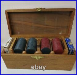 Nice Vintage Mahogany Wood Box & Trays Antique Clay Poker Chips Gaming Set