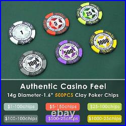 Poker Chip Set with Denominations, 500 PCS 14 Gram Clay Composite Casino Chips w