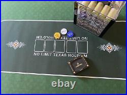 Poker Mat With Tote bag. 1000 Clay poker chips in acrylic case & Copag decks
