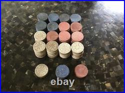 Red, Blue &White Antique Poker Chips- Cross Leaf Clay Vintage Old Gambling Game
