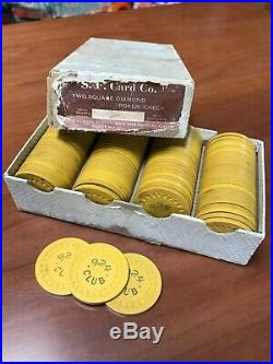 San Francisco Card Co 924 Club 1920's Era Vintage Yellow Clay Poker Chips in Box
