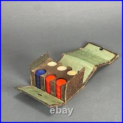 Vintage 1920's 77 Poker Chip Miniature Travel Leather Case Bakelite Clay Plastic
