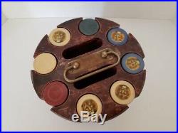 Vintage 1920's Clay Lion Head Poker Chips w Dark Wood Caddy Turntable Carousel