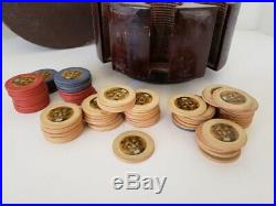 Vintage 1920's Clay Lion Head Poker Chips w Dark Wood Caddy Turntable Carousel