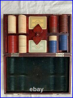 Vintage 1930s Clay Poker Chip Set in Wooden Box with Cards and Sterling Monogram