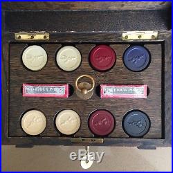 Vintage 1930s Wood Poker Chip Box Caddy Set Clay Chips, New Cards, Lock And Key
