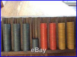 Vintage 369 Clay Poker Chips 3 colors, includes home-made rack (LOT 1)