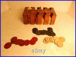 Vintage Antique Clay 180 Poker Chips & Steves Wood Caddy Holder