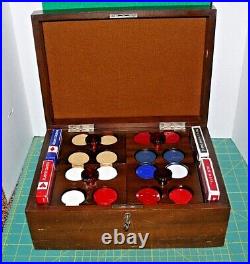 Vintage Antique Clay Poker Chip Set In Original Mahogany Box Case Antique