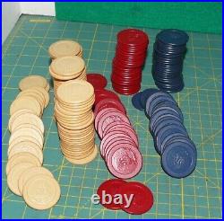 Vintage Antique Clay Poker Chip Set In Original Mahogany Box Case Antique