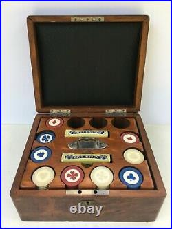 Vintage Antique Clay Poker Chips With Box & Wood Caddy Holder