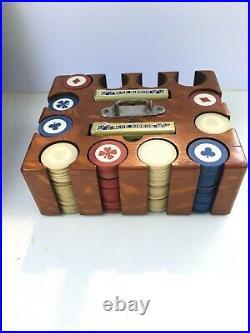 Vintage Antique Clay Poker Chips With Box & Wood Caddy Holder