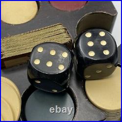 Vintage Antique Poker Chip Case Clay Chips Large Black Bakelite Dice Beautiful