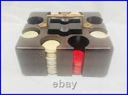 Vintage Antique Poker Chips With Wood Caddy Holder Brass handle red blue white