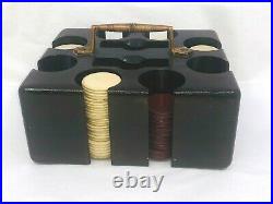 Vintage Antique Poker Chips With Wood Caddy Holder Brass handle red blue white
