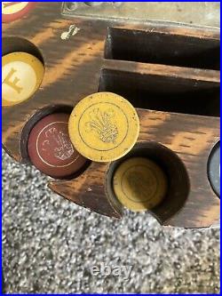 Vintage CLAY Poker Chip Swivel Set Wood Caddy Carrier Case Turnstyle CROWN CHIPS