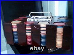 Vintage Casino Poker Case Wood Box WithClay Poker Chips & Cards