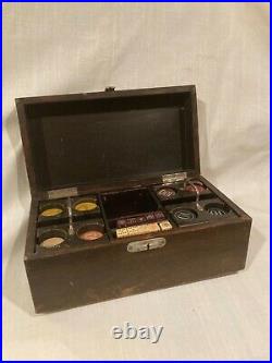 Vintage Clay Poker Chip Set in Latched Wood Box with Ten Dice Die Antique