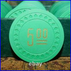 Vintage Clay Poker Chips Box Of 99 $5.00 & 1 Blank Southern Club Casino Green
