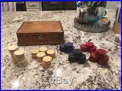 Vintage Clay Poker Chips Gambling set with Wooden Case