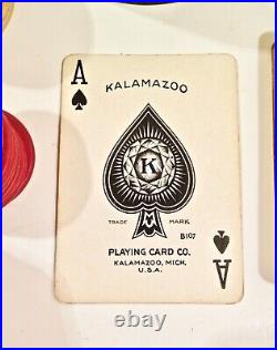 Vintage Clay Poker Chips With Spanish Galleon Ship & 1909 Kalamazoo Playing Cards