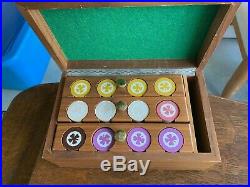Vintage Clay Poker Chips with Wood Caddy and Box