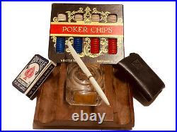 Vintage Dennison Poker Chips With Solid Wood Chip Tray / Ink Well /Pen & 2 Decks