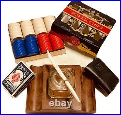 Vintage Dennison Poker Chips With Solid Wood Chip Tray / Ink Well /Pen & 2 Decks