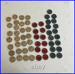 Vintage Early 1900's Engraved Flush Hand Clay poker chips (58 total)