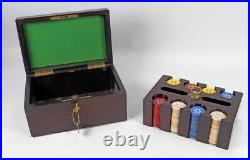 Vintage Large Poker Set Locking Wood Box Evening Star Clay Chips Rare