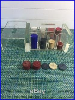 Vintage Lucite Covered Poker Chip Caddy Clay & Plastic Poker Chips Bowling, Golf