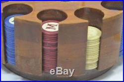 Vintage POKER SET 237 M Clay Chips Red, Blue, White In Rotating Wooden Caddy