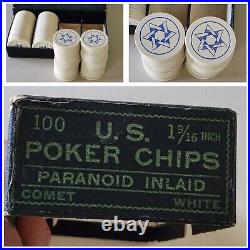 Vintage Paranoid Inlaid Isreal Jewish Clay White Blue Star 100 US Poker Chips