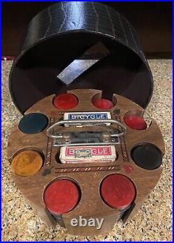 Vintage Poker Chip Set /Rotating Wooden Carousel Caddy With Cover, Clay chips