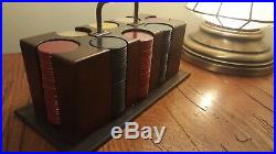 Vintage Poker Chip Wood Caddy and Clay Poker Chips