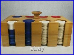 Vintage Poker Chips Wooden Tray With Cover Full Variety Clay Cardboard Celloid