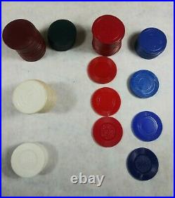 Vintage Poker Chips Wooden Tray With Cover Full Variety Clay Cardboard Celloid