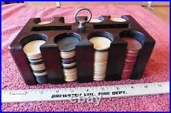 Vintage Poker Chips clay or bakelite Apx 170 chips with wooden caddy holder