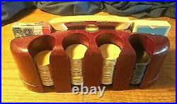 Vintage Red Bakelite Catalin Poker Chip Caddy with Embossed Clay Chips and cards