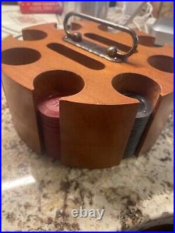 Vintage Round Wood Poker Chip Holder Caddy, 144 Clay Chips & Bicycle cards
