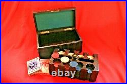 Vintage STOP MONKEYING CLAY POKER CHIPS & DOUGHERTY CARDS Wooden Felt-Line Box