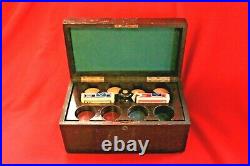 Vintage STOP MONKEYING CLAY POKER CHIPS & DOUGHERTY CARDS Wooden Felt-Line Box