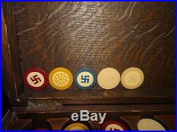 Vintage Set of Inlaid Clay Poker Chips, Good Luck Poker Chips, Mahogany Rack