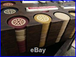 Vintage Set of Inlaid Clay Poker Chips, Good Luck Poker Chips, Mahogany Rack